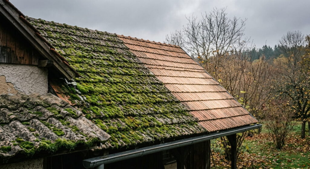 Mech na střeše vs umytá střecha | Profi-myti.cz